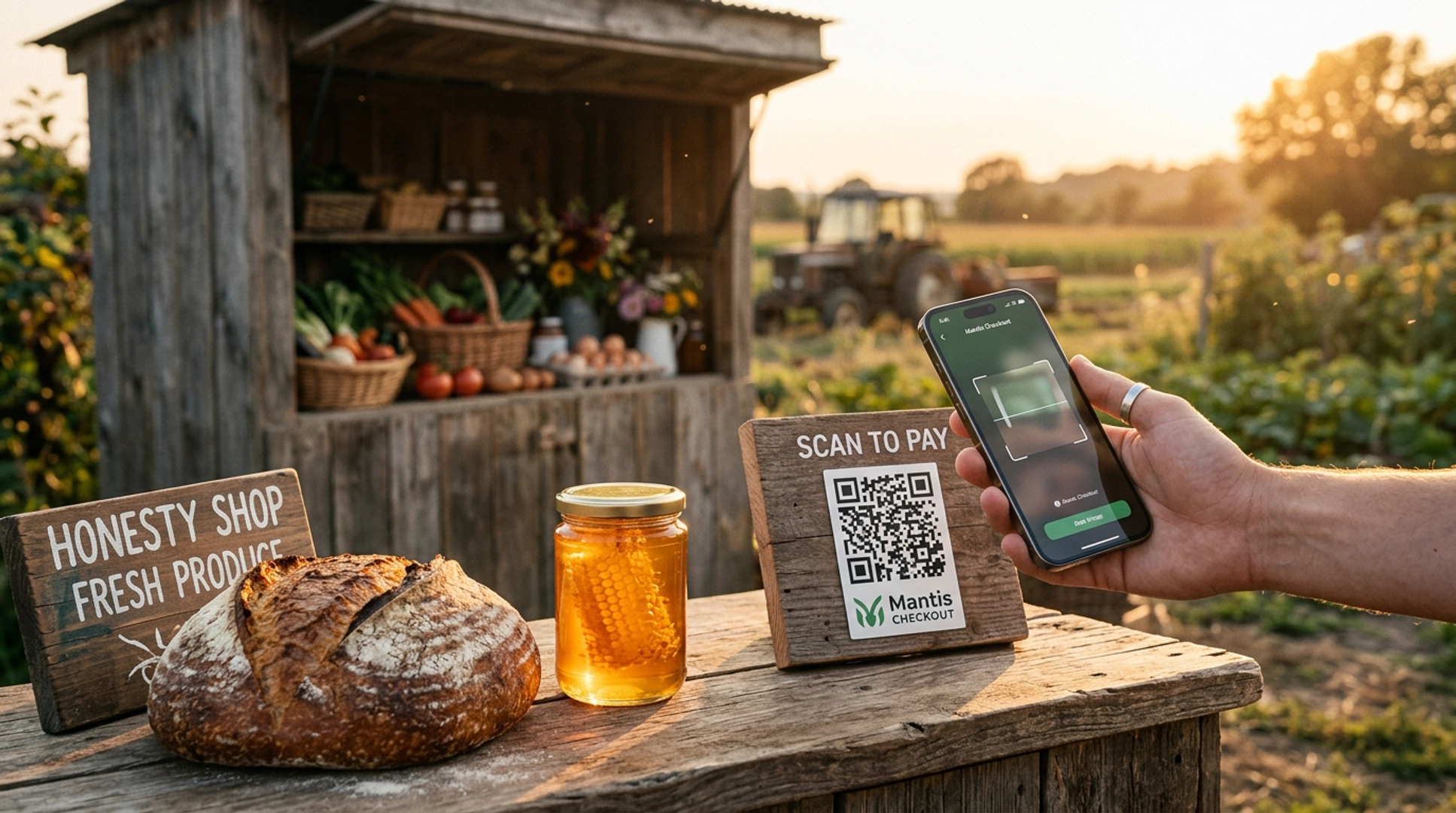 A roadside honesty stall with fresh produce and bread, a wooden Scan to Pay sign with QR code, and a customer holding their phone to pay