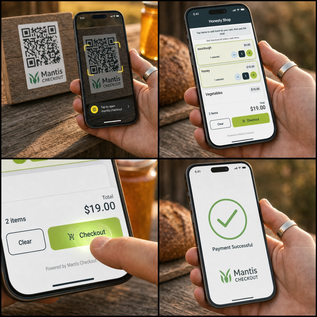 Four phone screens showing the Mantis Checkout flow: scan the QR, browse the stall, check out, payment confirmed
